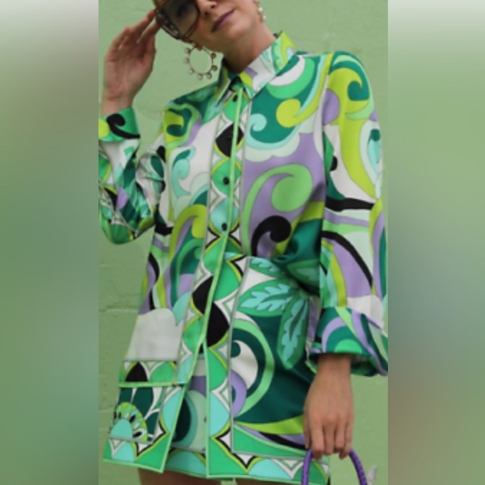 Pucci inspired Zara set! Green matching long sleeve button down and skirt!